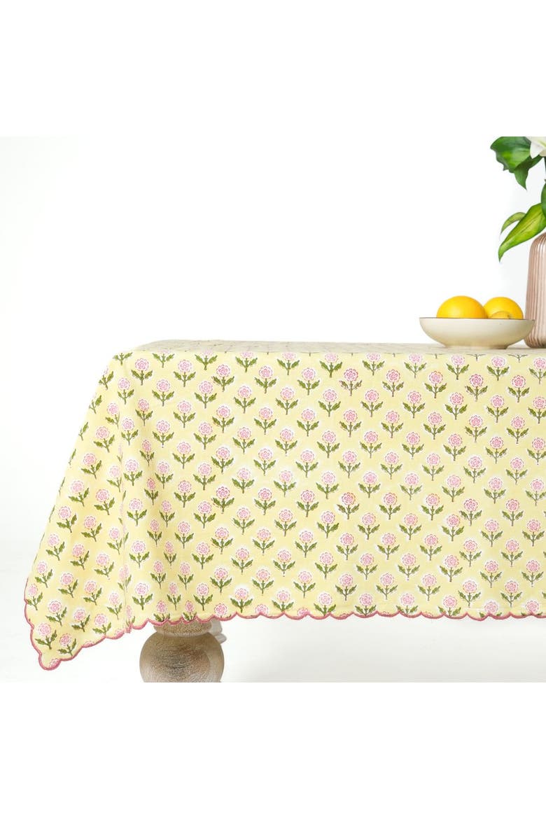 Mona Scallop Embroidered Blockprint Tablecloth, Main, color, 70x120