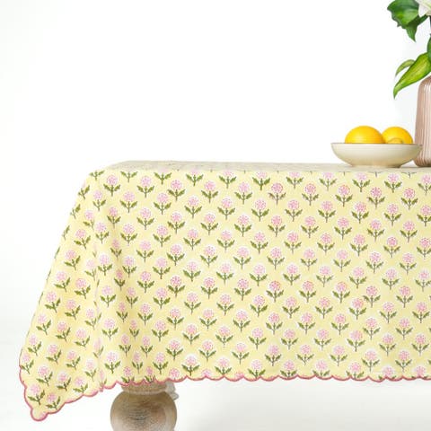 Mona Scallop Embroidered Blockprint Tablecloth