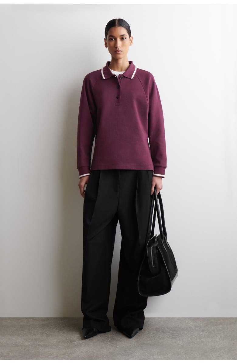 COS Contrast-Tipped Cotton Polo Top, Alternate, color, Burgundy