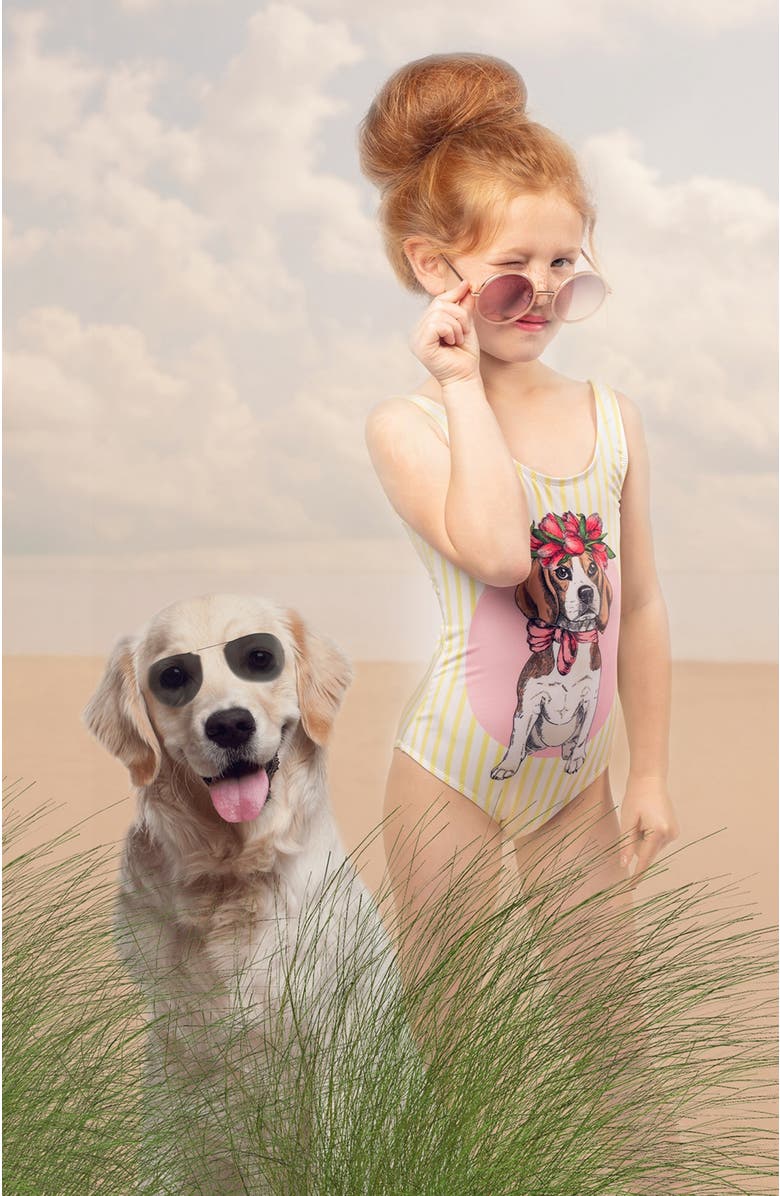 NESSI BYRD Flower Crown Beagle Graphic Striped One Piece Swimsuit, Toddler, Little Kid & Big Kid, Alternate, color, Multicolor
