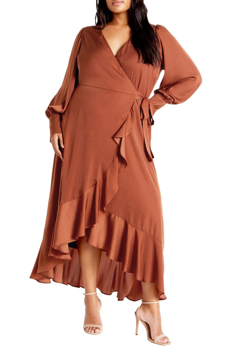 Marceline Long Sleeve Wrap Maxi Dress, Main, color, TOFFEE