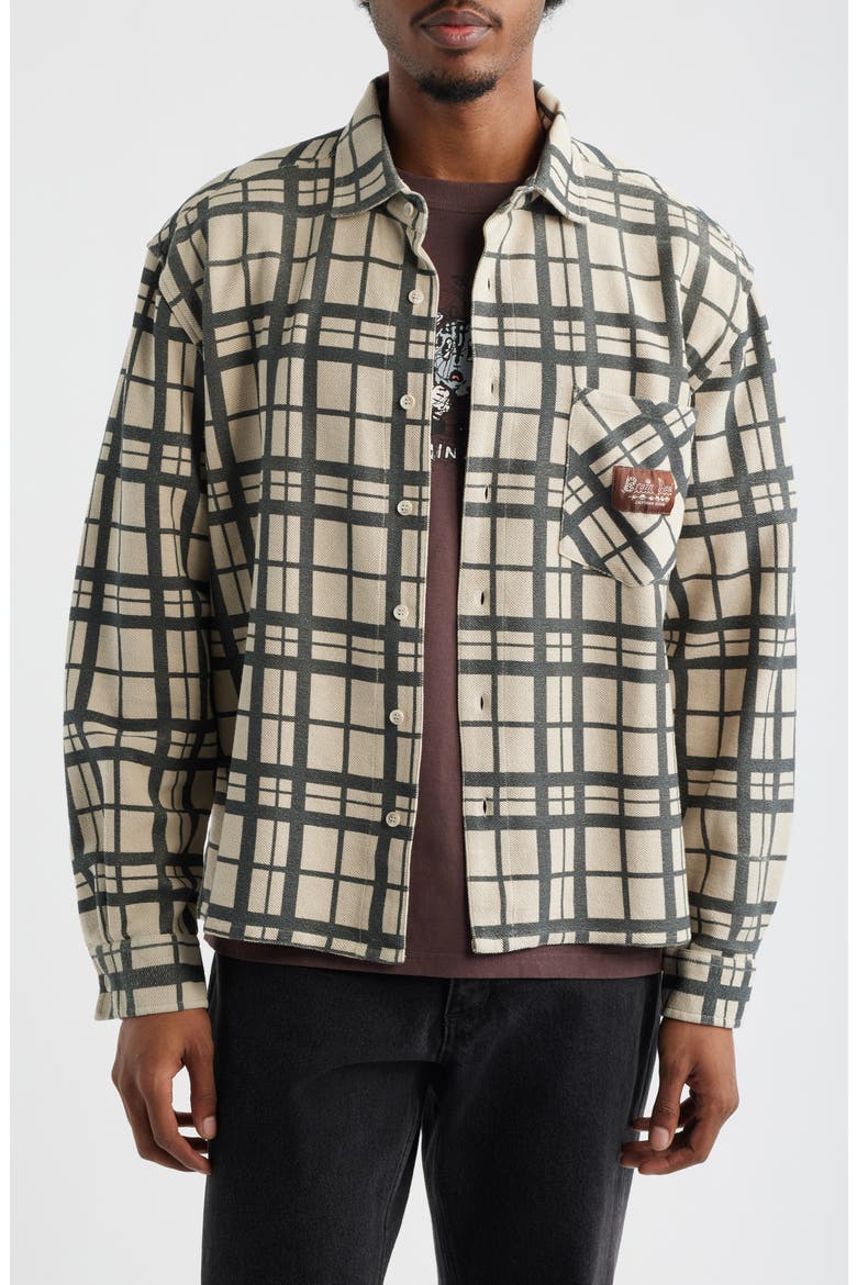 Plaid Cotton French Terry Button-Up Shirt, Main, color, SAND