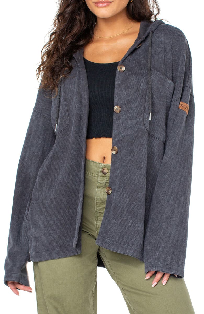 Roxy Clear Water Waffle Knit Button Front Hoodie, Main, color, Phantom