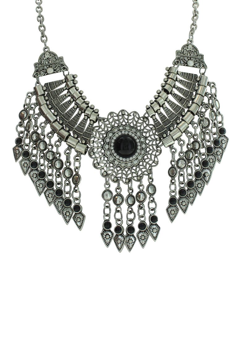 Silver-Tone Crystal Fringe Statement Necklace, Main, color, ANTIQUE SILVER / BLACK
