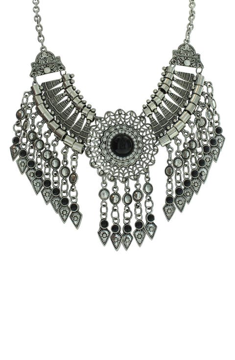 Silver-Tone Crystal Fringe Statement Necklace