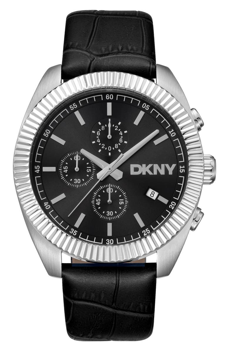 DKNY Chronograph Leather Strap Watch, 42mm, Main, color, Black