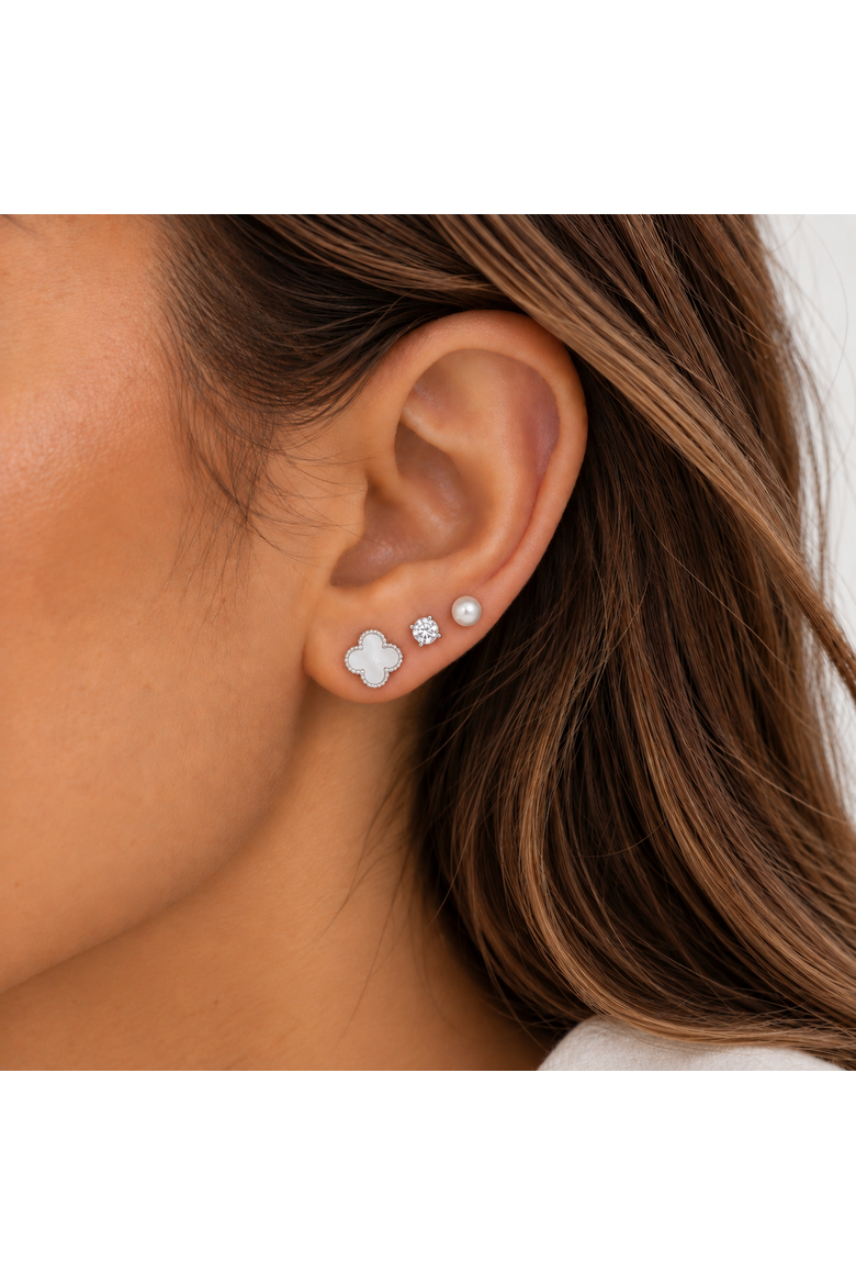 Set Of 3 Sterling Silver Clover Crystal & Pearl Earrings, Alternate, color, Silver