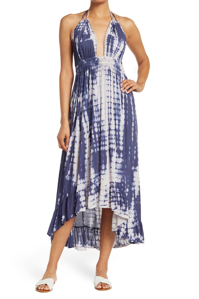 Tie Dye Maxi Halter Dress, Main, color, NAVY/ WHITE