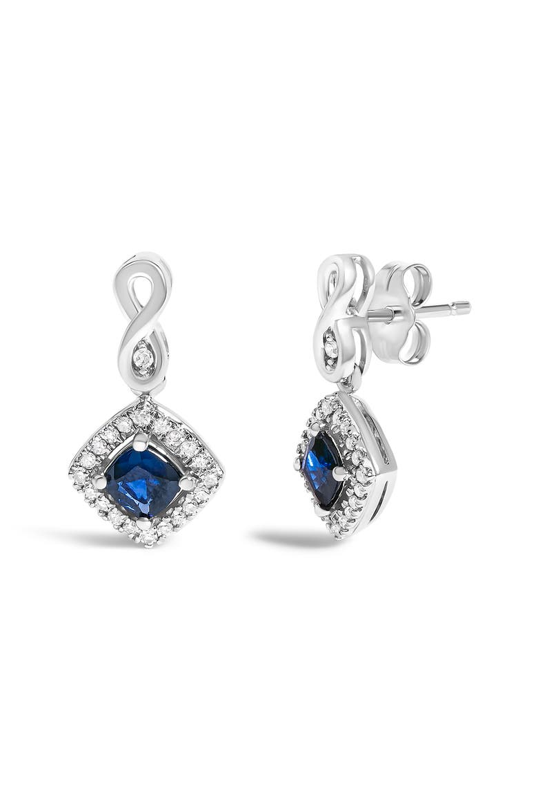 10K White Gold Sapphire and Diamond Halo Cushion Shaped Drop Earrings, Alternate, color, White