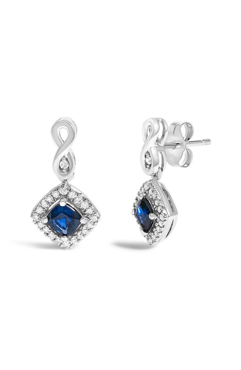 Haus of Brilliance 10K White Gold Sapphire and Diamond Halo Cushion Shaped Drop Earrings, Alternate, color, White
