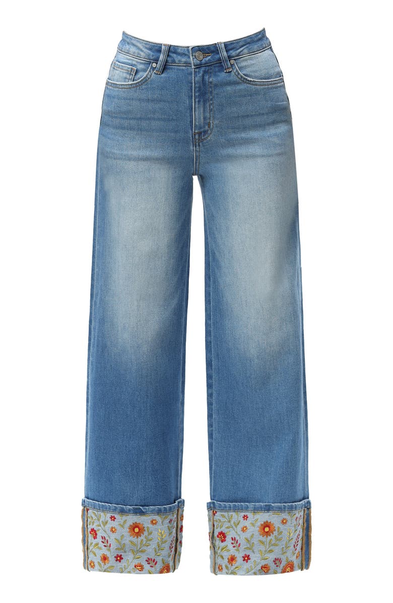Bayeas Floral Embroidered High Waist Cuffed Wide Leg Jeans, Alternate, color, 