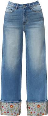 Bayeas Floral Embroidered High Waist Cuffed Wide Leg Jeans
