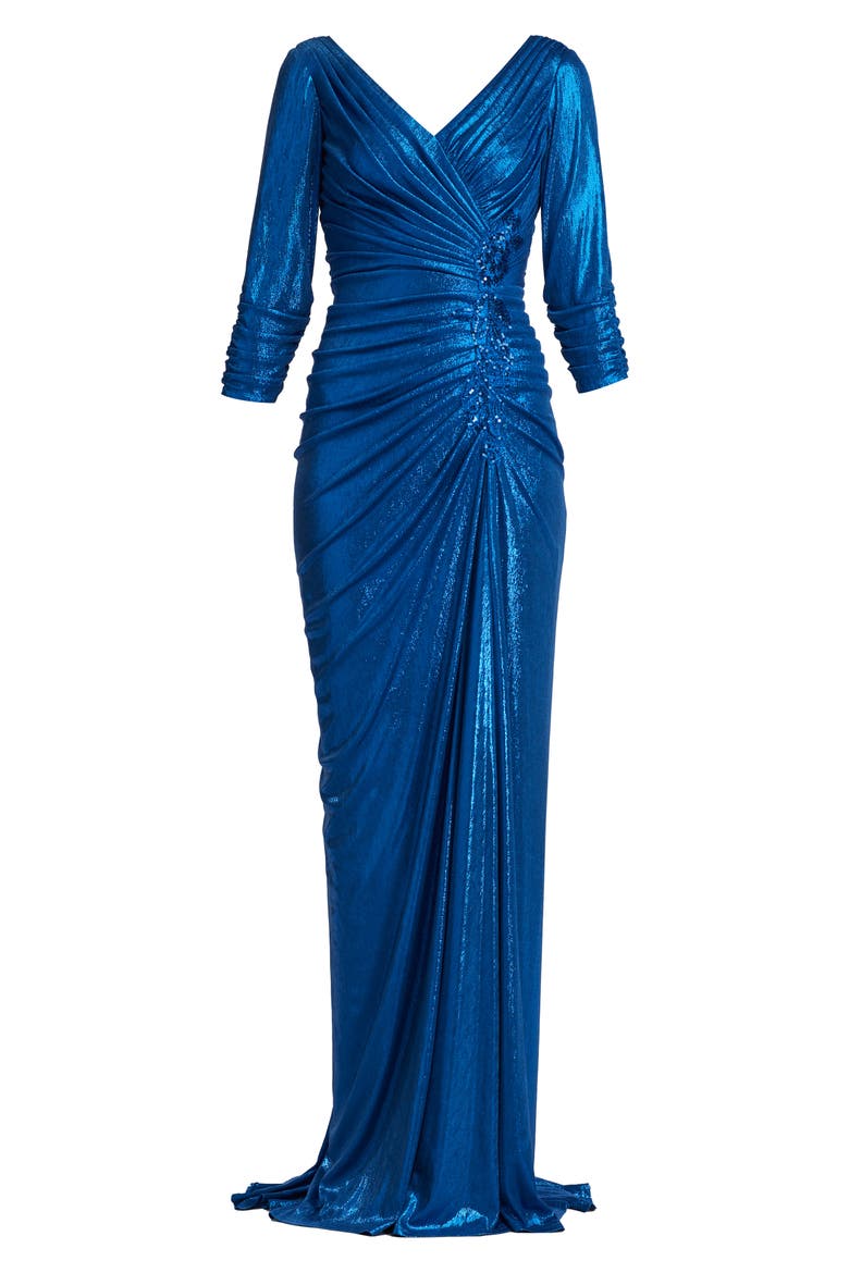 Ruched Metallic Three-Quarter Sleeve Gown, Alternate, color, PACIFIC BLUE