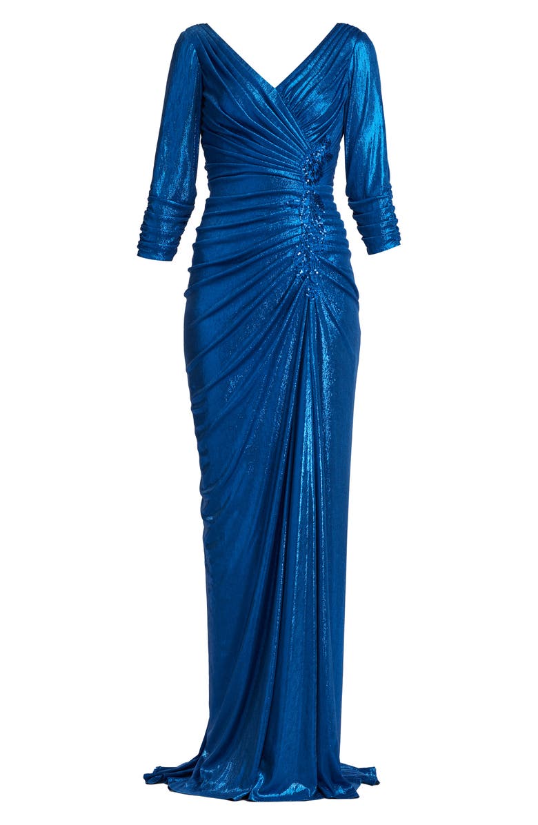 Tadashi Shoji Sequin Floral Detail Metalllic Liquid Jersey Gown, Alternate, color,