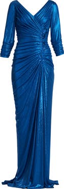 Tadashi Shoji Sequin Floral Detail Metalllic Liquid Jersey Gown