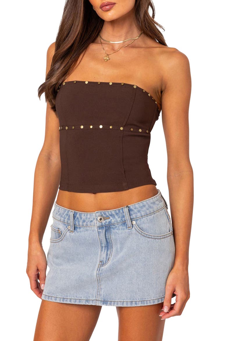 Darcy Stud Lace Up Crop Corset Top, Main, color, BROWN