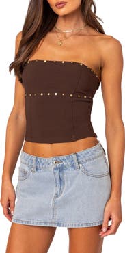 EDIKTED Darcy Stud Lace Up Crop Corset Top