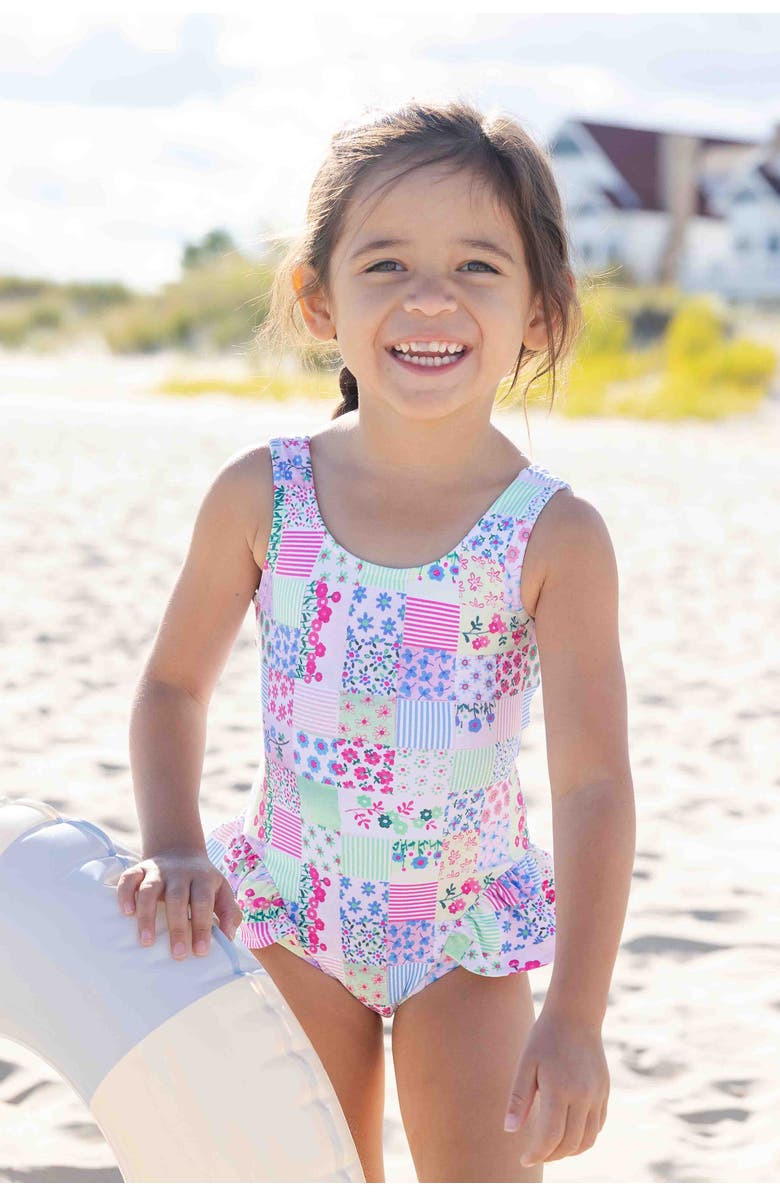 Florence Eiseman Patchwork Floral Hip Ruffle Swimsuit, Alternate, color, Multi