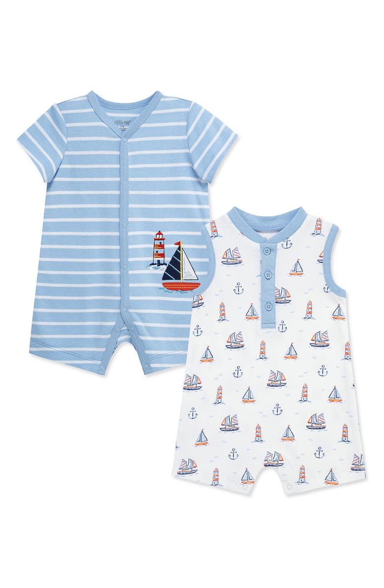 Little Me Nautical 2-Pack Rompers, Main, color, Blue