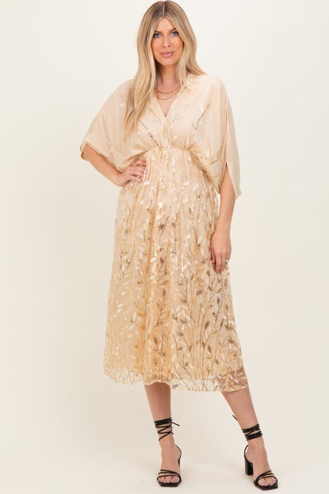 Embroidered Tulle Dolman V-Neck Midi Dress