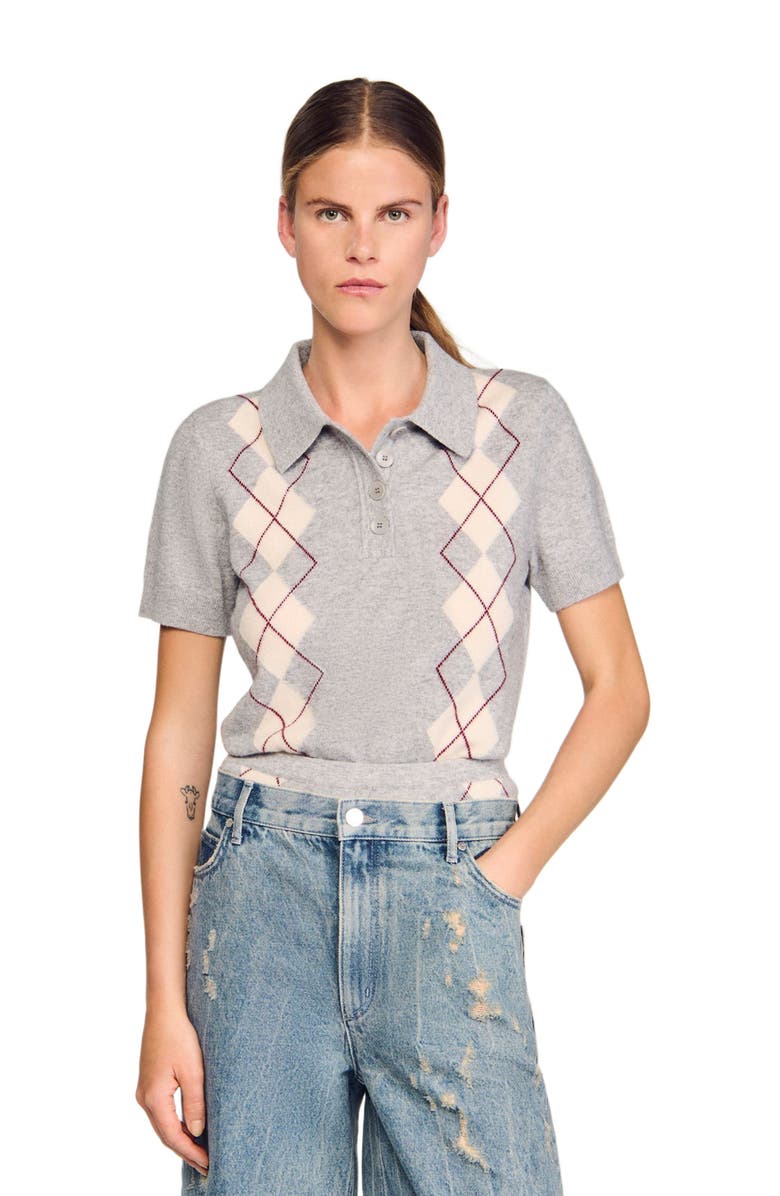 SANDRO Argyle polo-neck sweater, Alternate, color, Grey