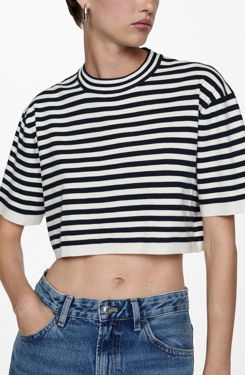MANGO Stripe Short Sleeve Crop Sweater, Main, color, Dark Navy
