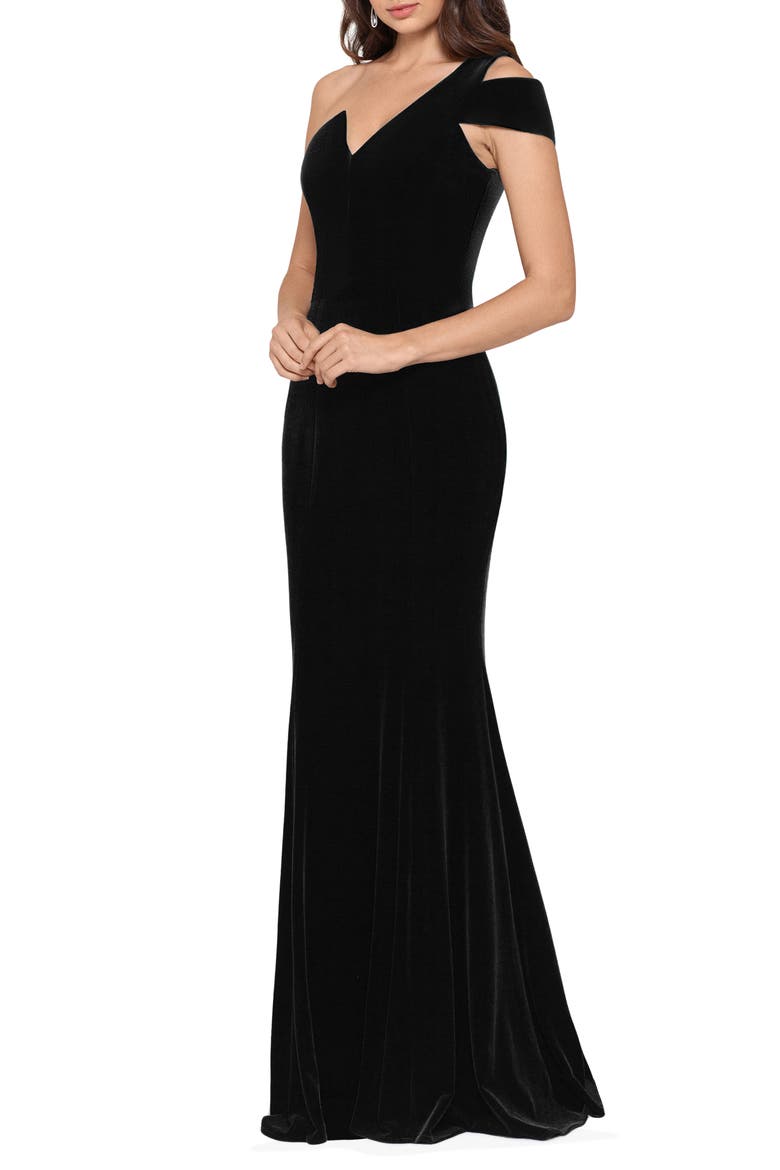 One-Shoulder Velvet Mermaid Gown, Alternate, color, BLACK