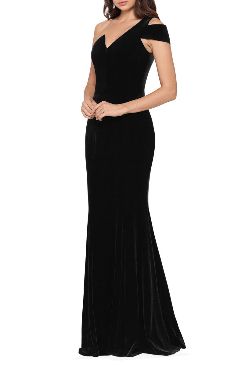 Betsy & Adam One-Shoulder Velvet Mermaid Gown, Alternate, color, Black