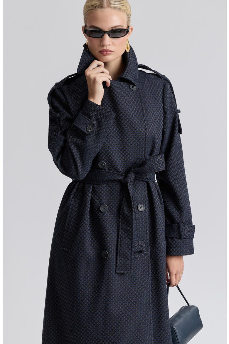 Relaxed Double Breasted Jacquard Trench Coat, Alternate, color, NAVY JACQUARD