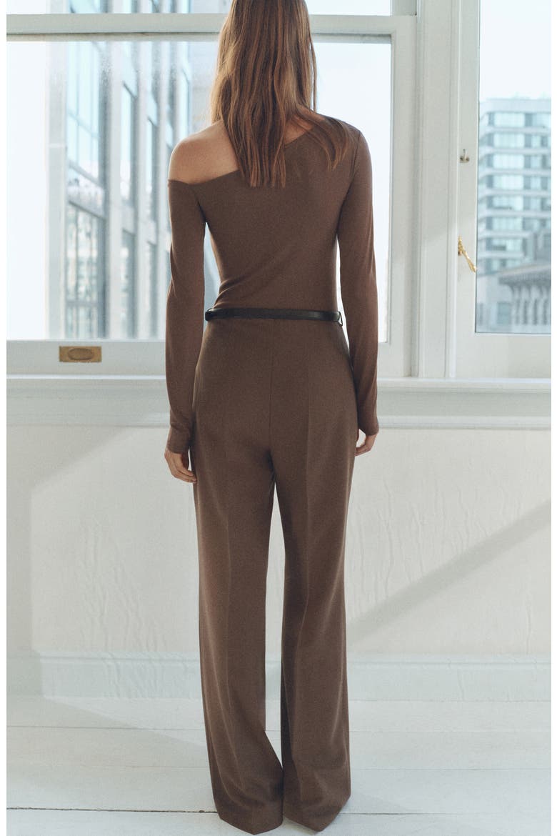 Belted Long Sleeve One-Shoulder Jumpsuit, Alternate, color, BROWN