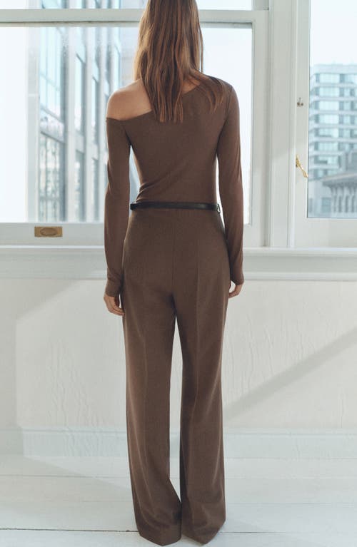 Shop Mango Belted Long Sleeve One-shoulder Jumpsuit In Brown