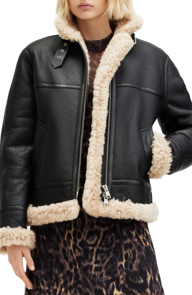 AllSaints Lorel Leather & Genuine Shearling Flying Jacket, Main, color,
