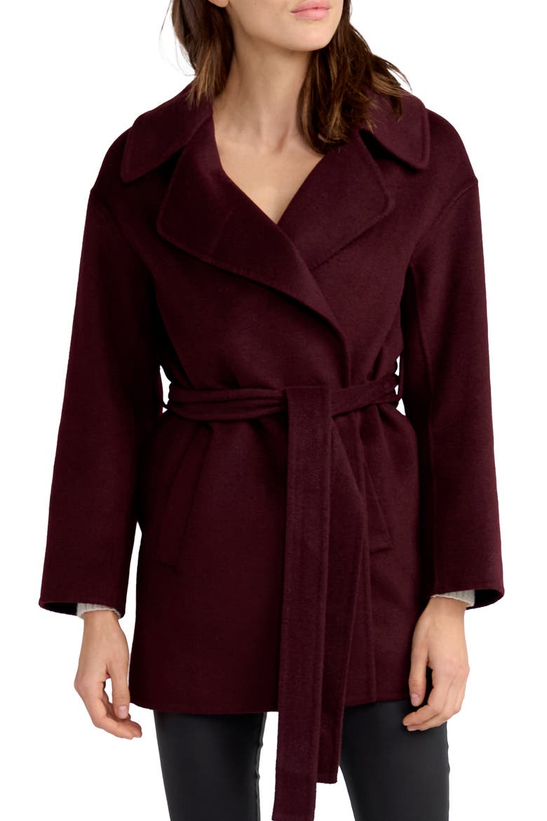 Eternal Flame Tie Waist Wool Blend Coat, Main, color, BURGUNDY