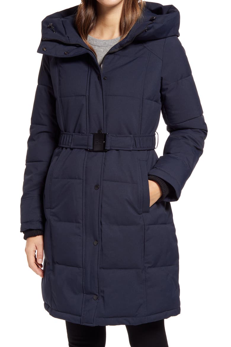 Pillow Collar Belted Puffer Coat, Main, color, NAVY