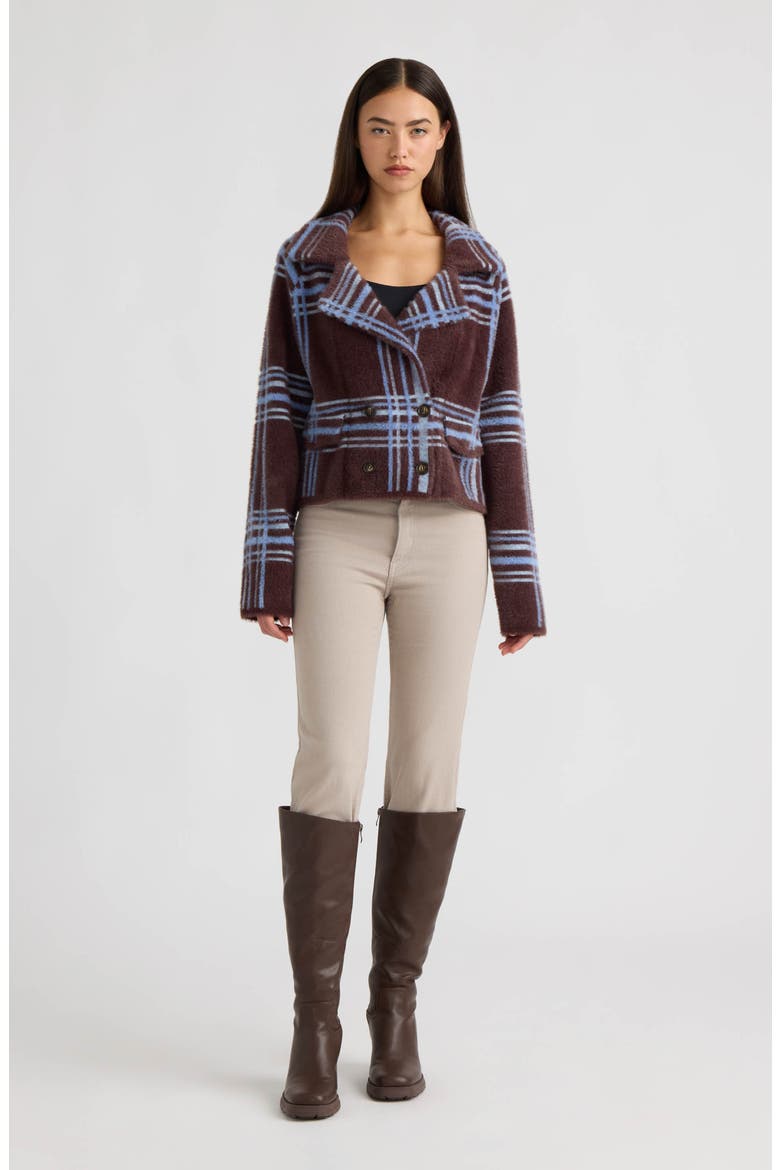 Plaid Double Breasted Sweater Jacket, Alternate, color, DARK CHOCOLATE PLAID