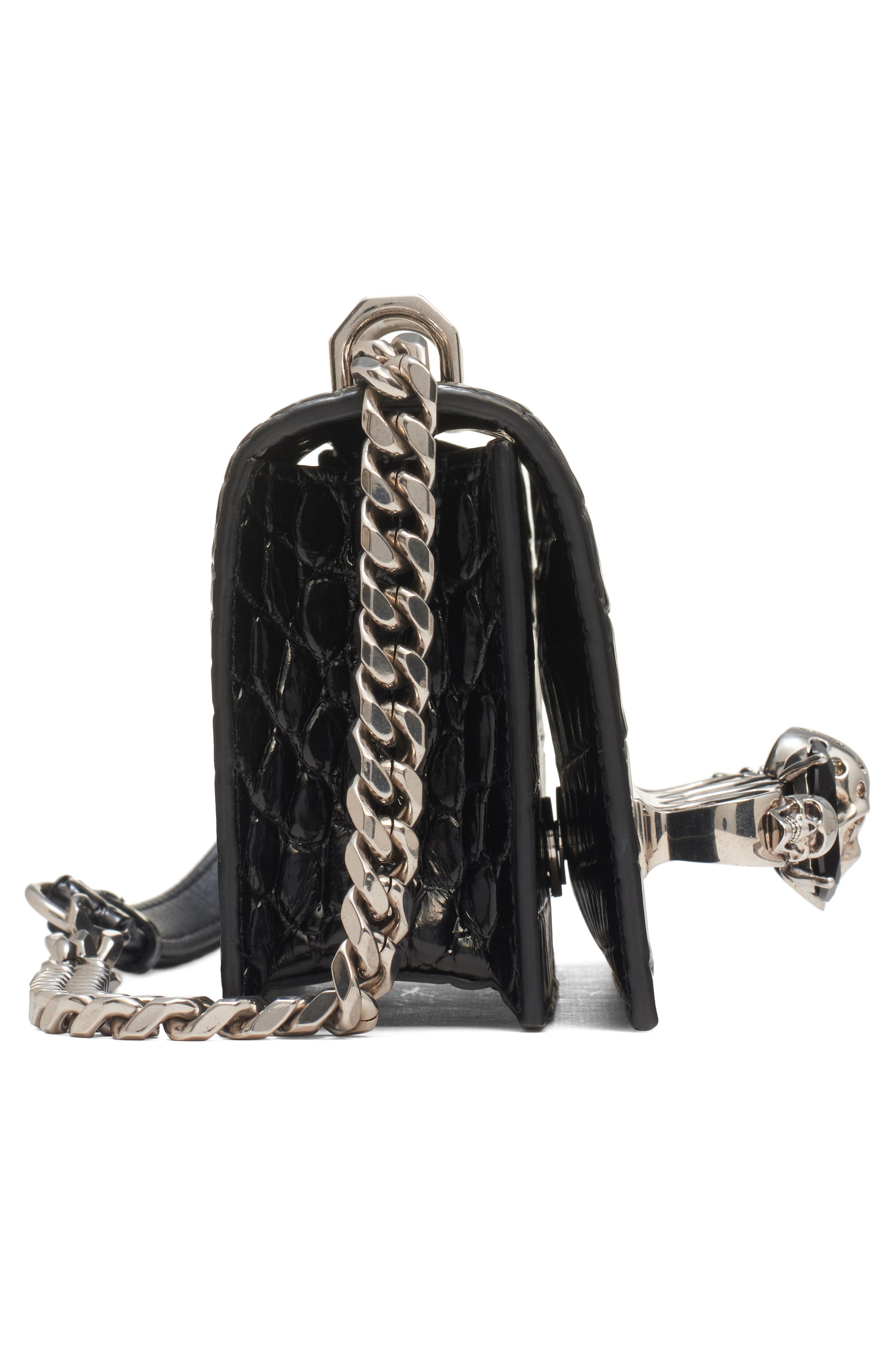 McQueen Mini Jeweled Croc Embossed Leather Crossbody Bag, Alternate, color, Black