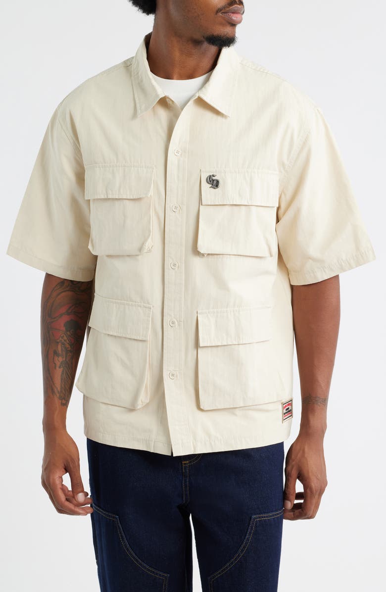 CRIMINAL DAMAGE Patterson Short Sleeve Cotton Button-Up Utility Shirt, Alternate, color, Ecru