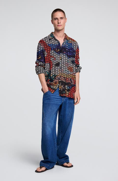 Embroidered Printed Long Sleeve Button-Up Shirt