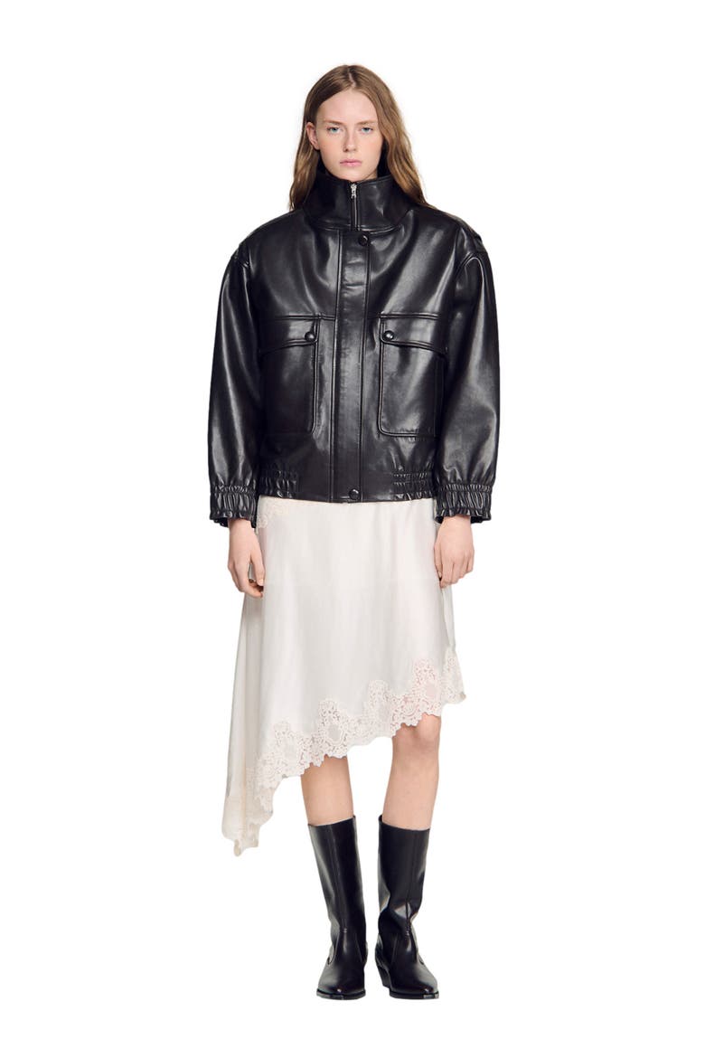 Standing collar leather jacket, Main, color, Black brown