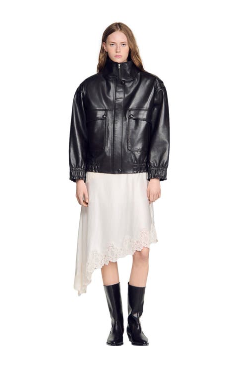 Standing collar leather jacket