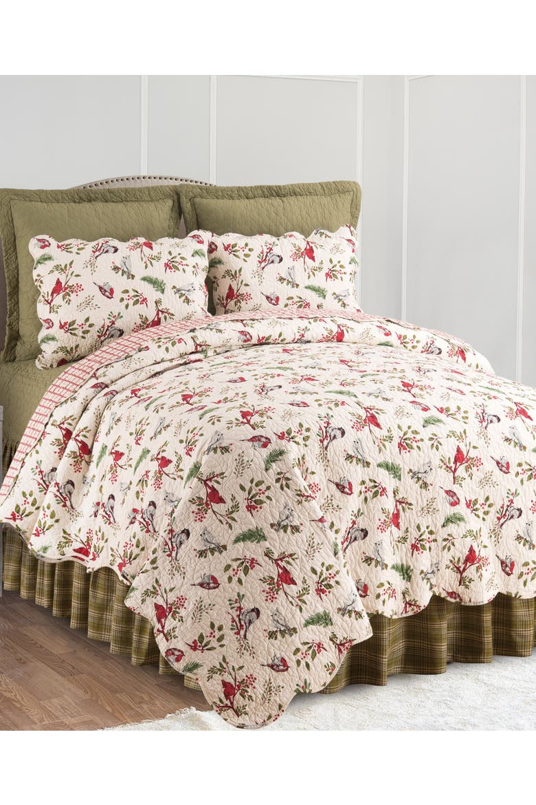 Sprig Birds Cardinal Christmas Cotton Quilt Set  - Reversible and Machine Washable, Alternate, color, Red