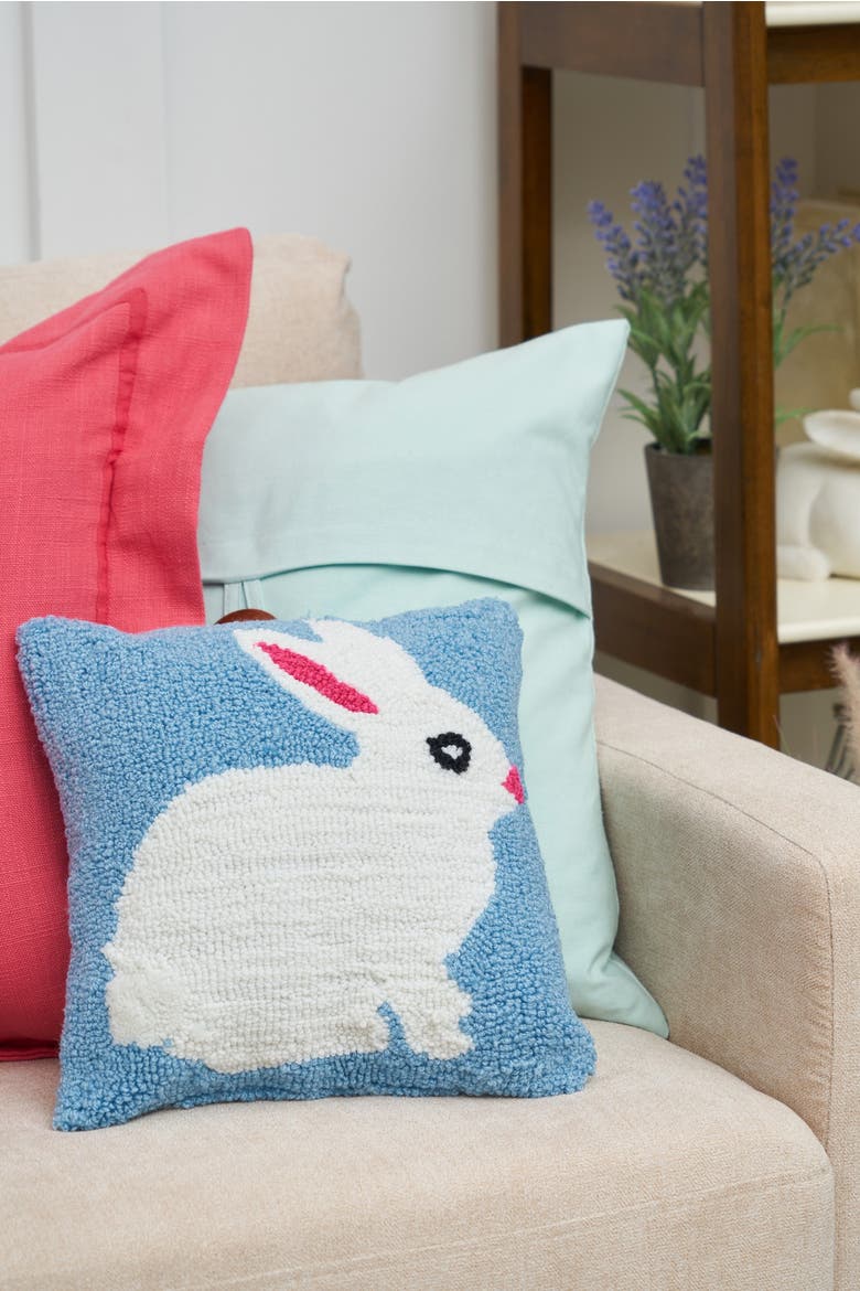 Easter Bunny Hooked Blue Mini Accent Pillow 12" x 12", Alternate, color, White