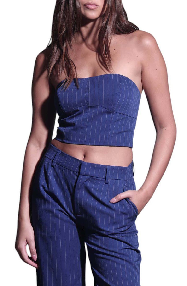 Walter Baker Tanvi Pinstripe Strapless Crop Top, Main, color, Royal Blue Pin Stripe