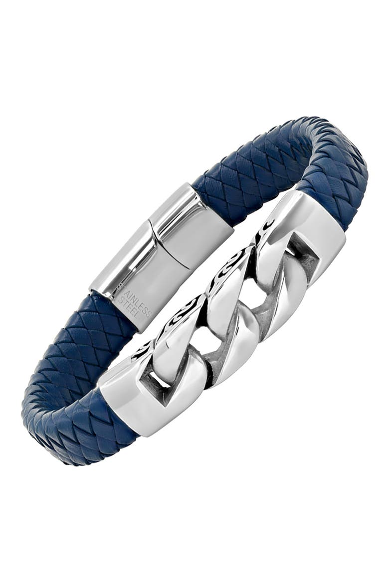 Men's Stainless Steel Link Blue Braided Leather Bracelet, Alternate, color, BLUE-YELLOW