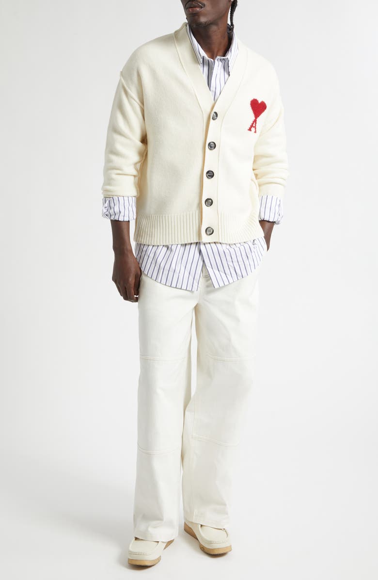 AMI PARIS Ami de Coeur Intarsia Wool Cardigan, Alternate, color, Ecru/ Rouge