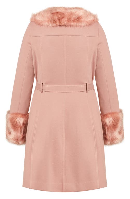 City Chic Blushing Belle Twill Coat With Faux Fur Collar In Pink