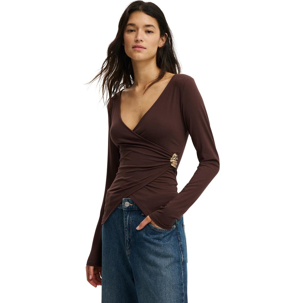 Cotton On Trim Detail Long Sleeve Wrap Top In Brown