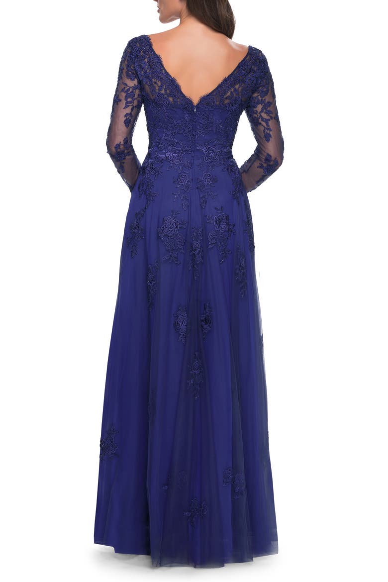 Long Sleeve Lace and Tulle Dress with V Neckline, Alternate, color, Marine Blue