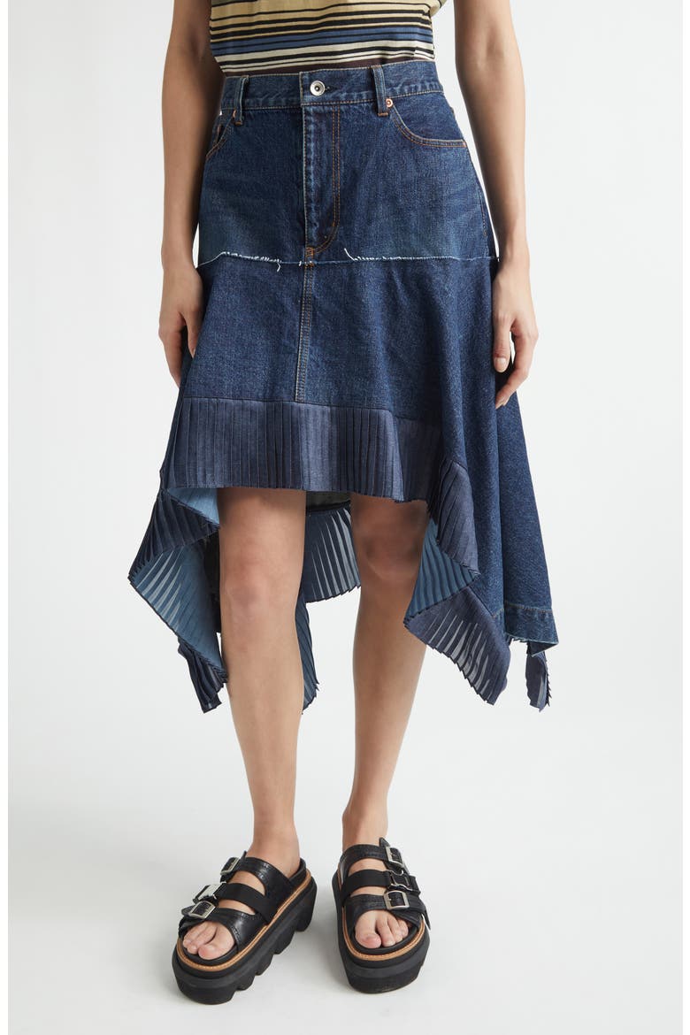 Mixed Media Asymmetric Satin & Denim Midi Skirt, Main, color, BLUE