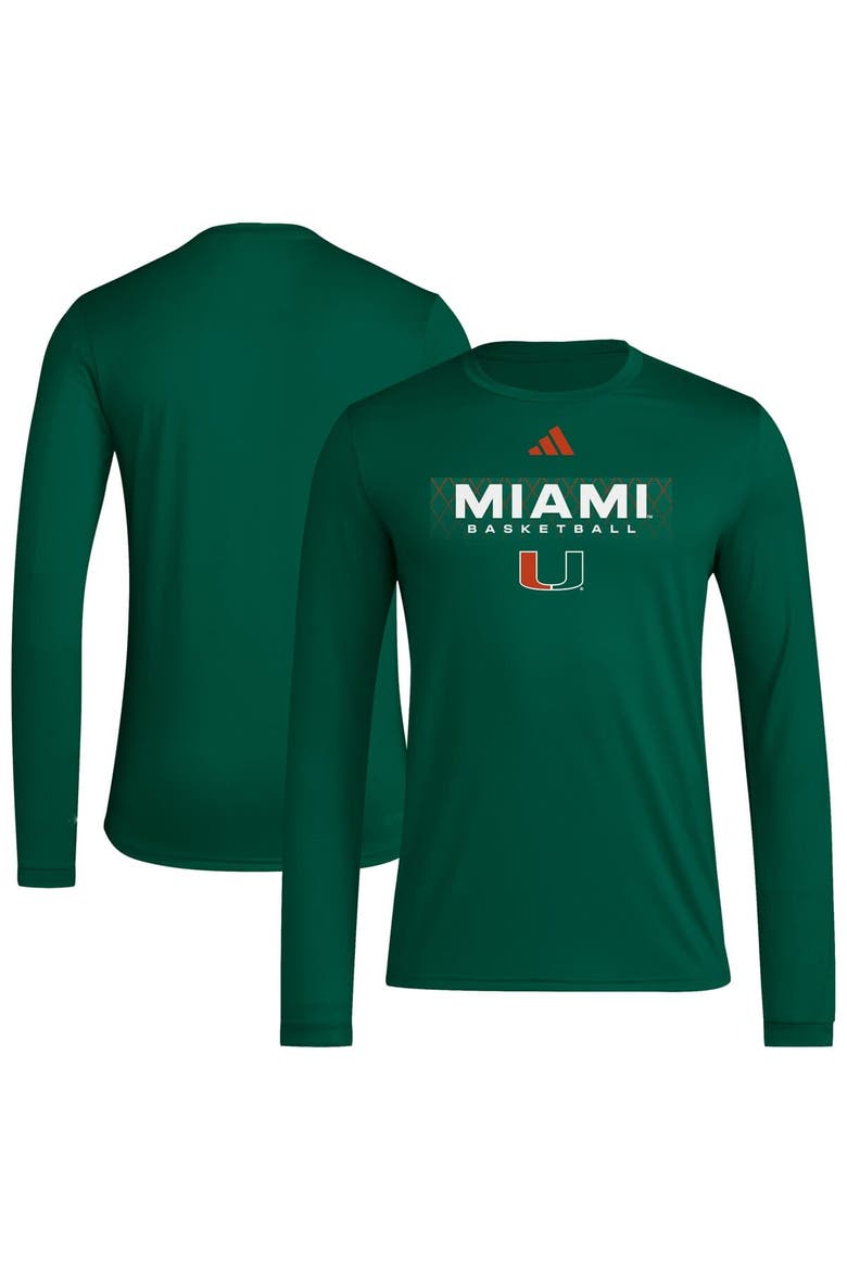 Men's adidas  Green Miami Hurricanes Locker On-Court In the Fade AEROREADY Long Sleeve T-Shirt, Main, color, Green